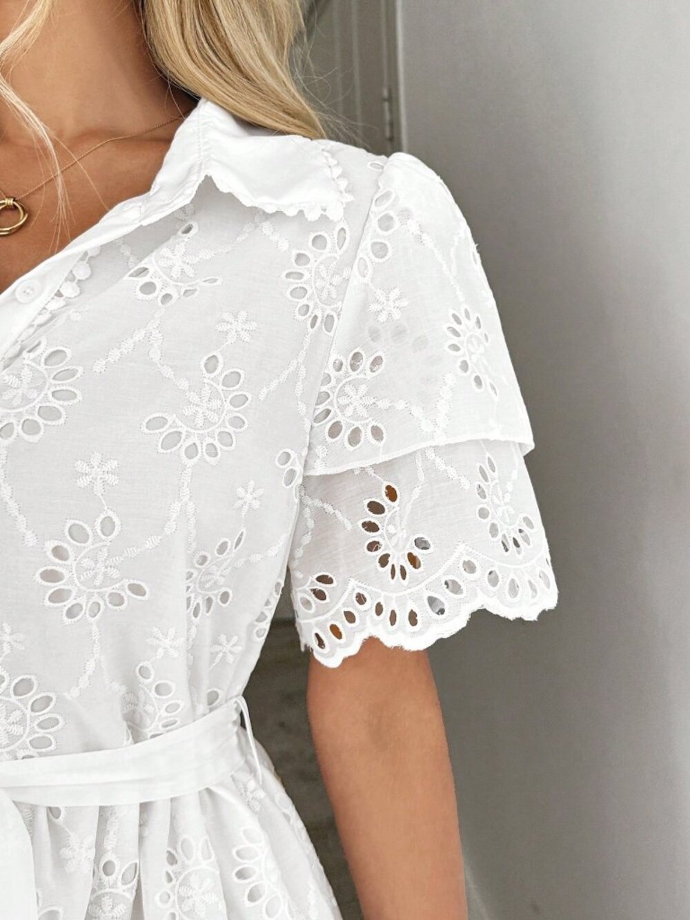 White Boho Women's Casual Embroidered Collar Dress - Picture 7 of 8
